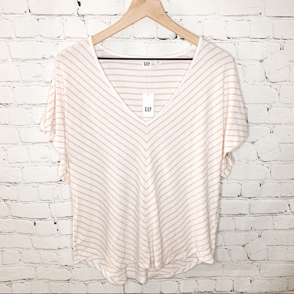 GAP Softspun Stripe Short Sleeve V-Neck Top Pink/White Size Medium NWT